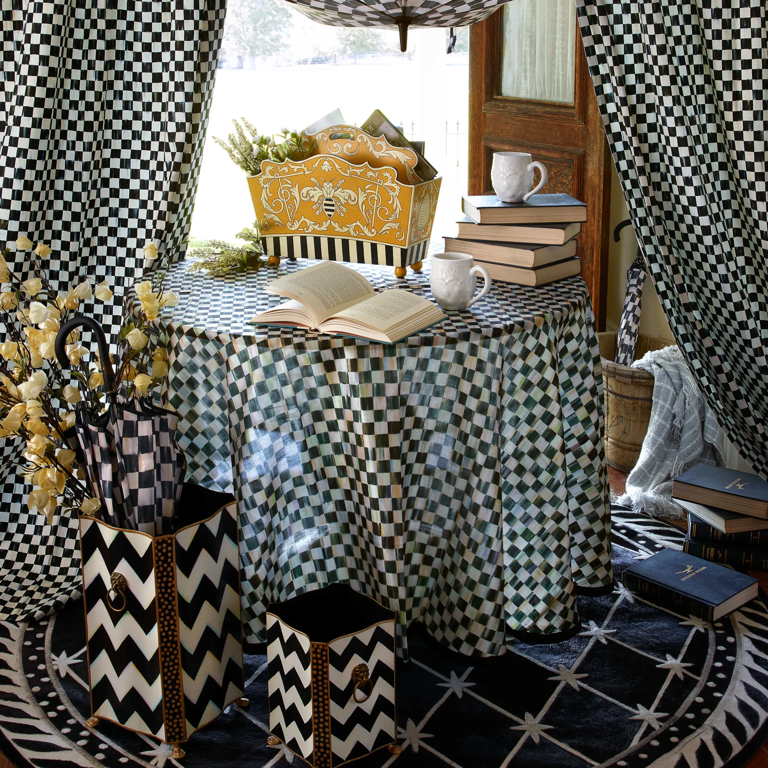 MacKenzie-Childs 90" Round Courtly Check Tablecloth - Black Trim* Kitchen & Table Linens