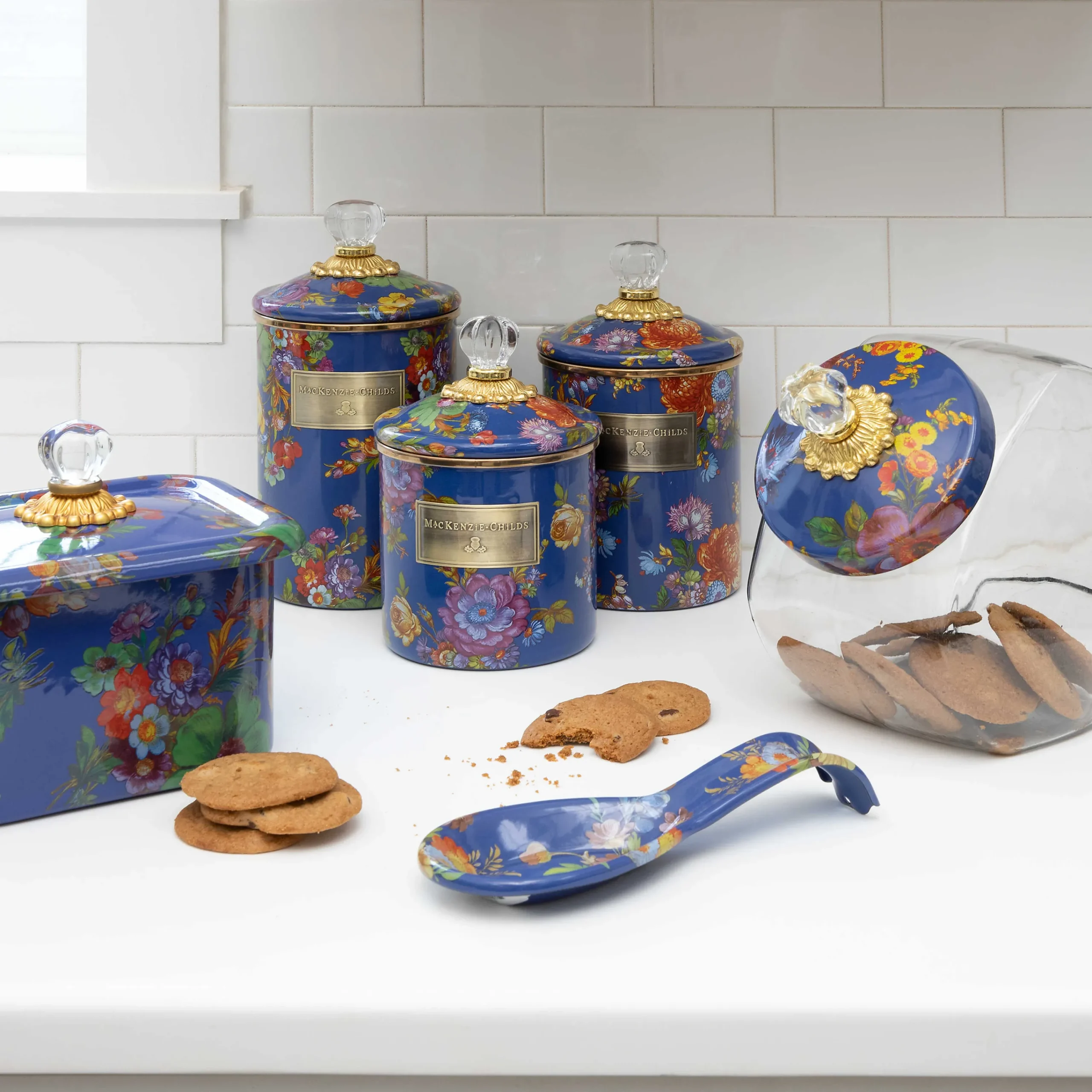 MacKenzie-Childs Cookie Jar With Flower Market Enamel Lid - Lapis* Kitchen Storage & Organization