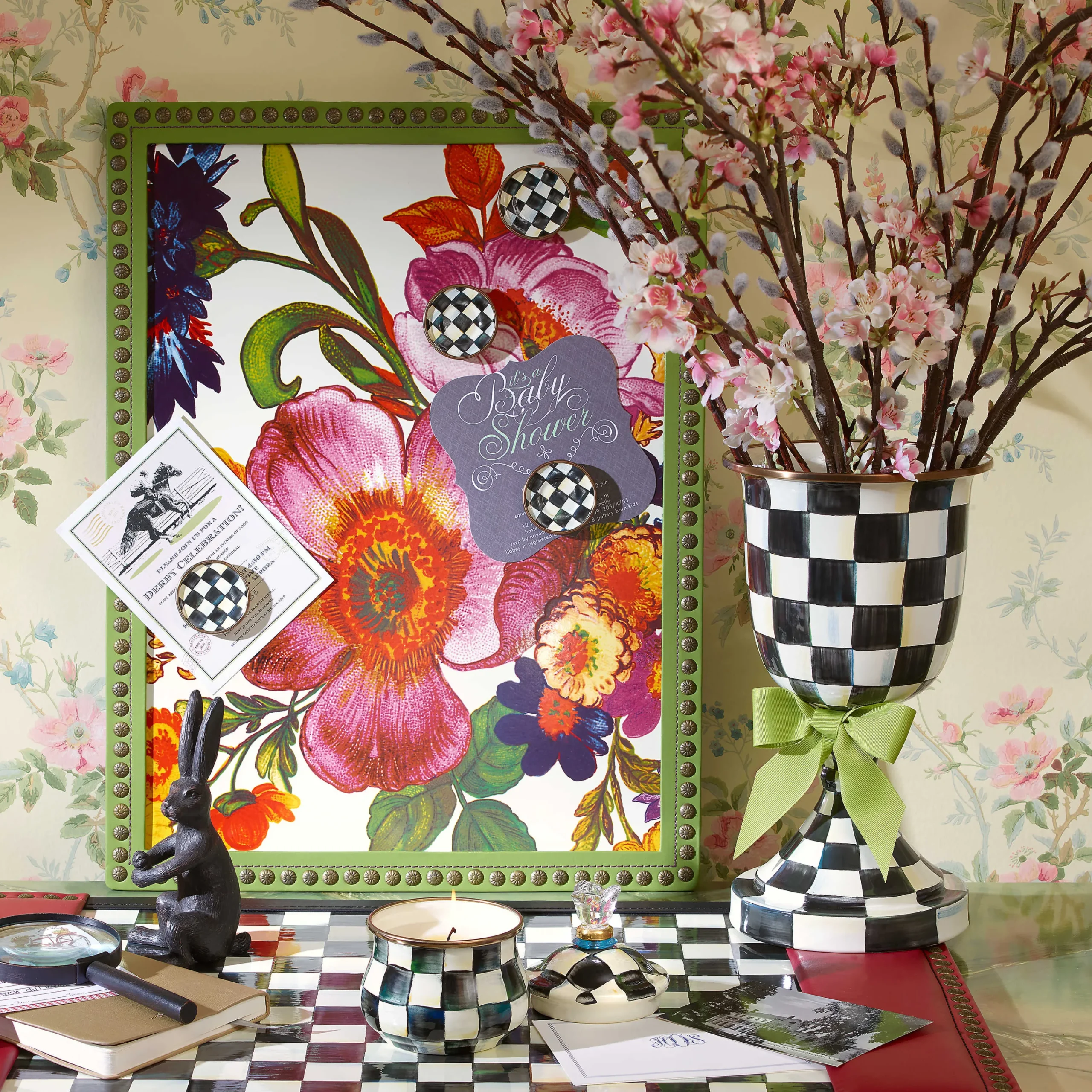 MacKenzie-Childs Courtly Check Enamel Pedestal Vase - Green Bow* Room Accents