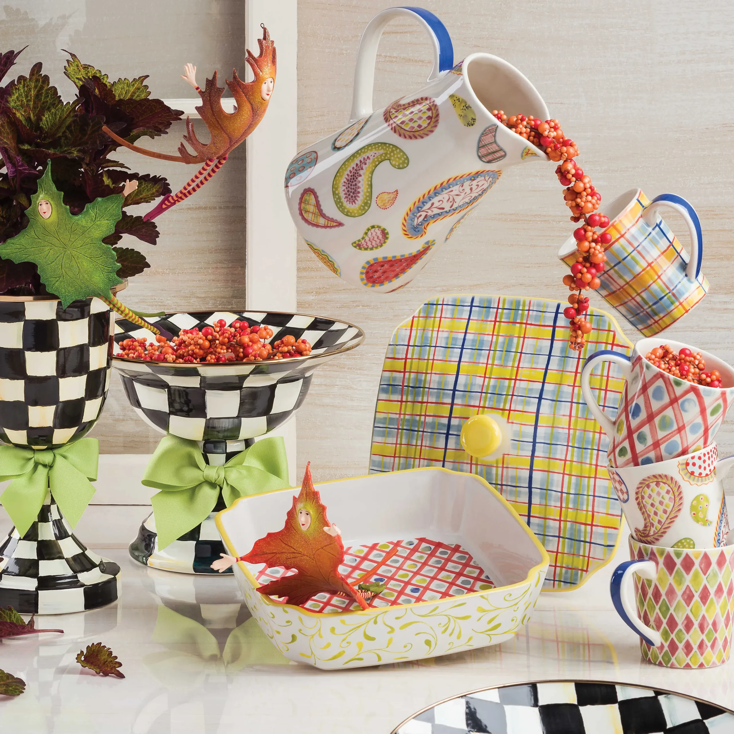 MacKenzie-Childs Courtly Check Enamel Pedestal Vase - Green Bow* Room Accents