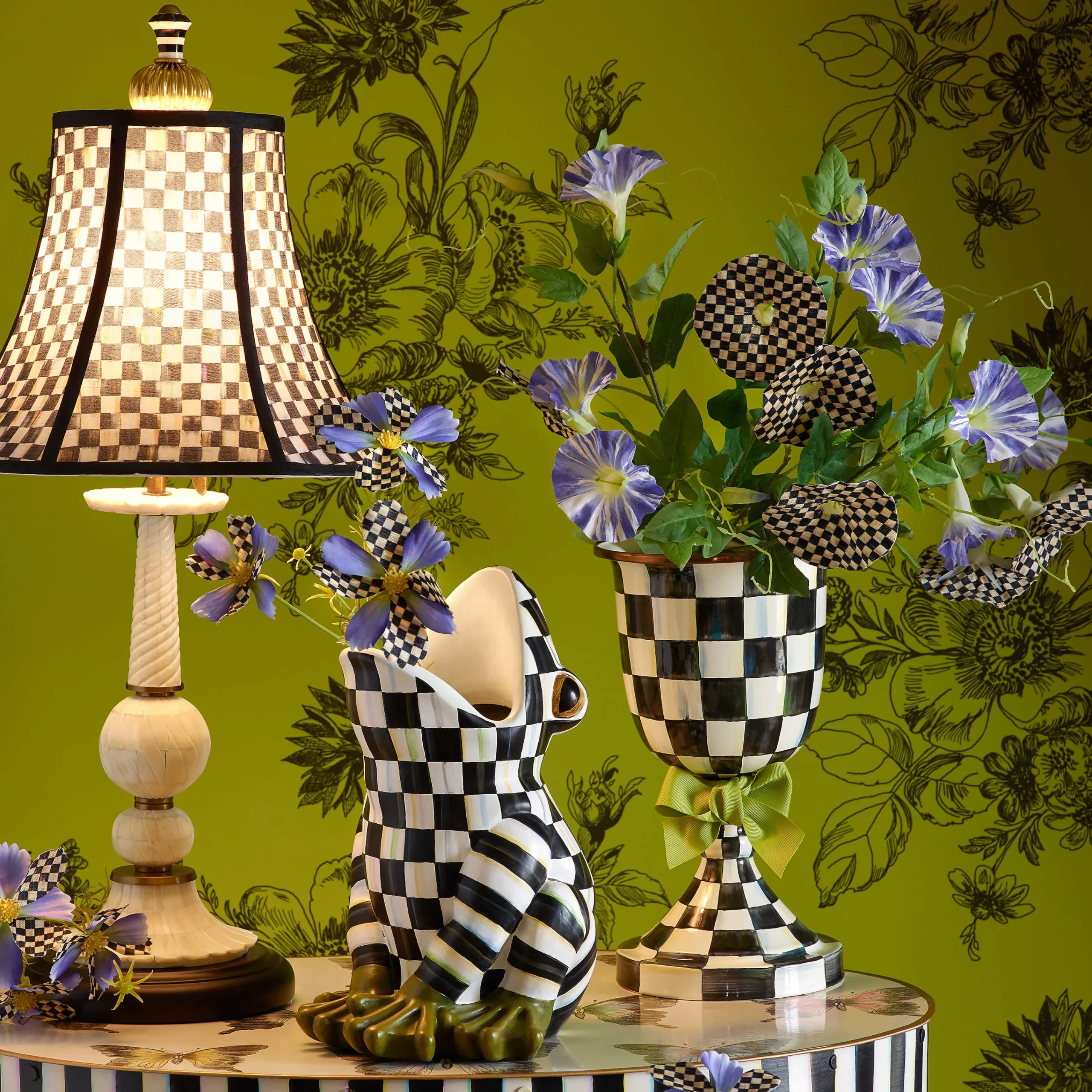 MacKenzie-Childs Courtly Check Enamel Pedestal Vase - Green Bow* Room Accents