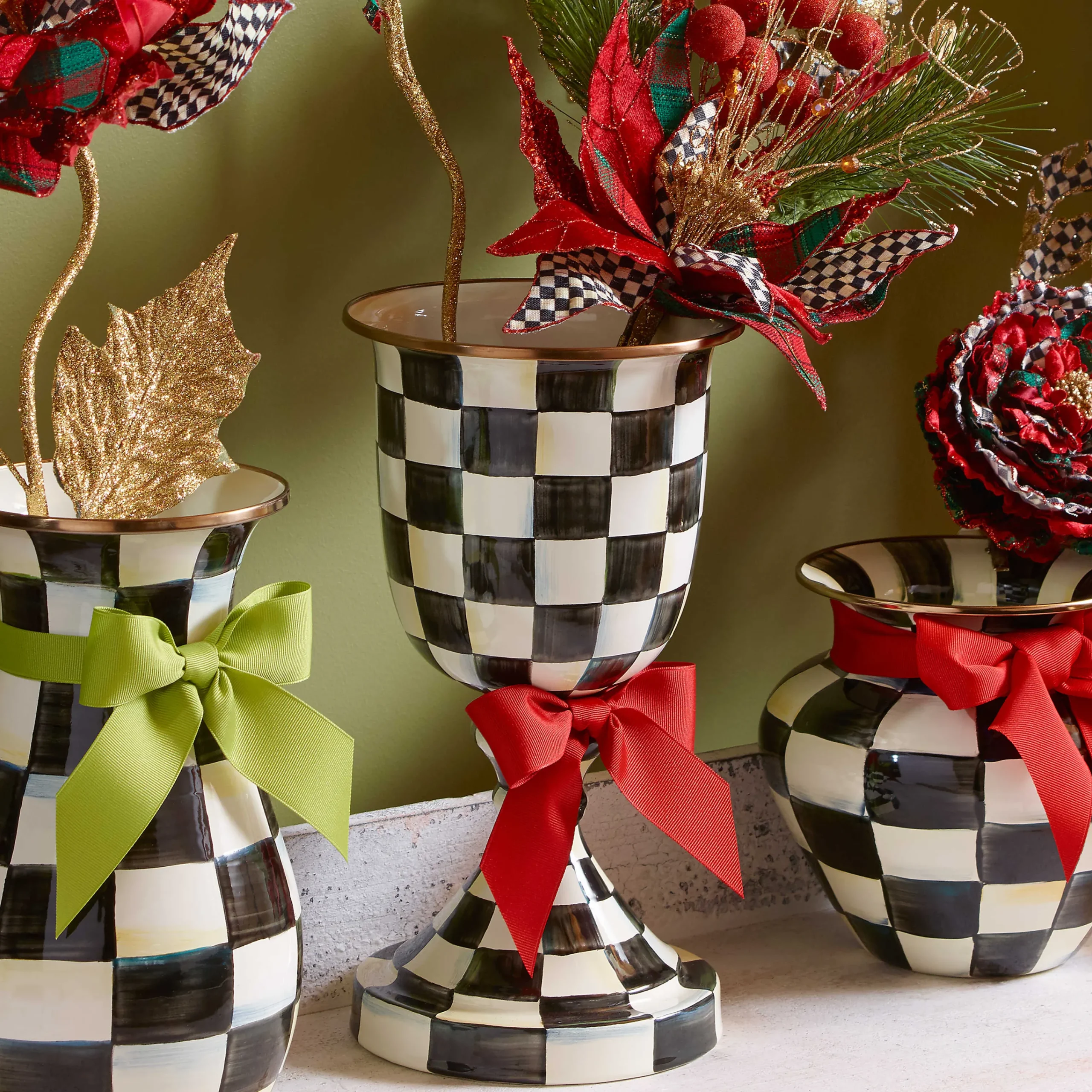 MacKenzie-Childs Courtly Check Enamel Pedestal Vase - Red Bow* Room Accents