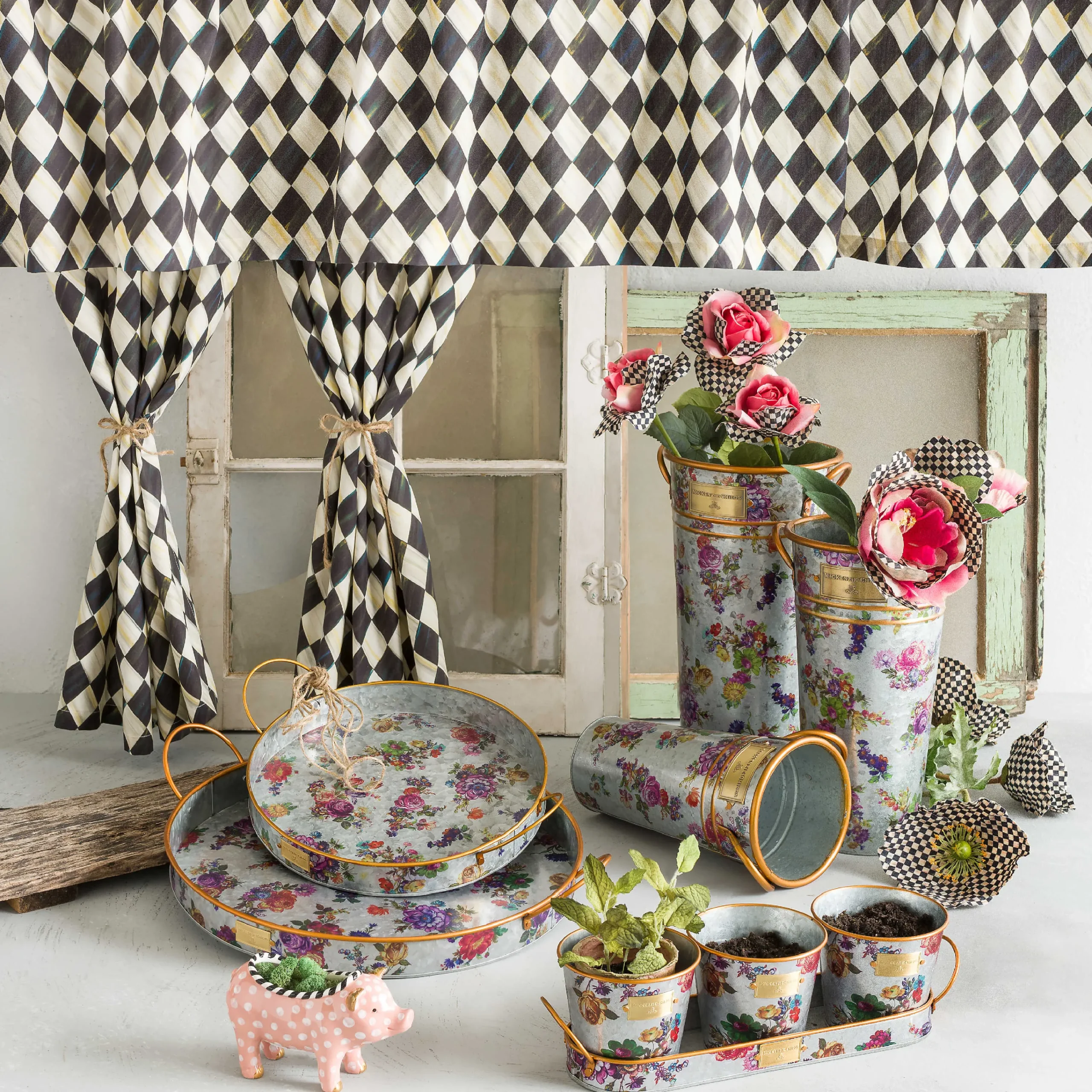 MacKenzie-Childs Flower Market Galvanized Herb Pots With Tray - Set Of 3* Pots & Planters