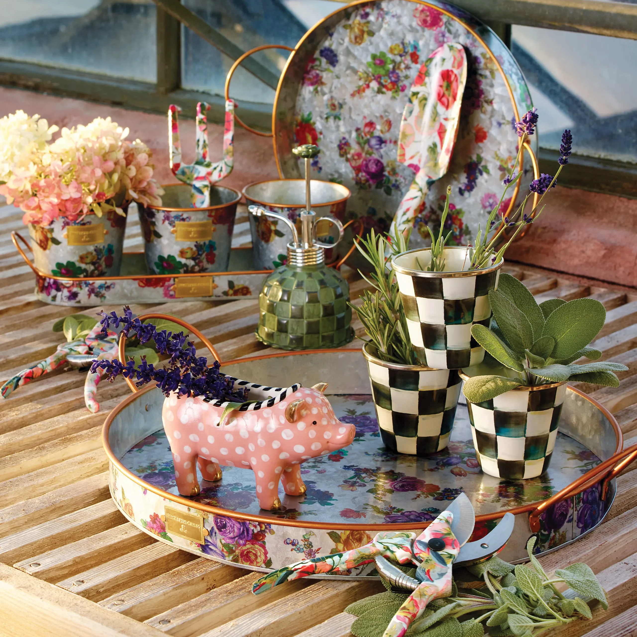 MacKenzie-Childs Flower Market Galvanized Herb Pots With Tray - Set Of 3* Pots & Planters