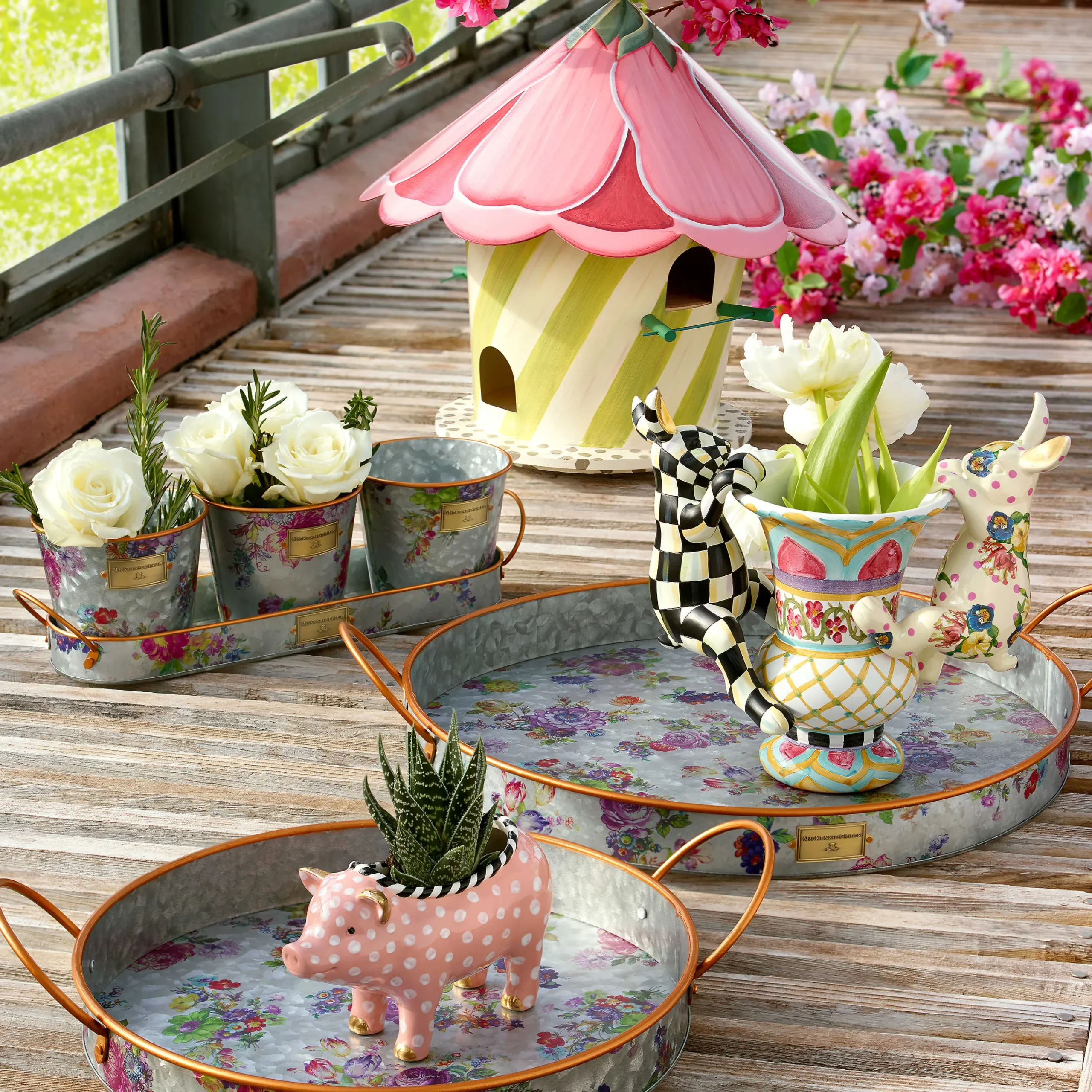 MacKenzie-Childs Flower Market Galvanized Herb Pots With Tray - Set Of 3* Pots & Planters