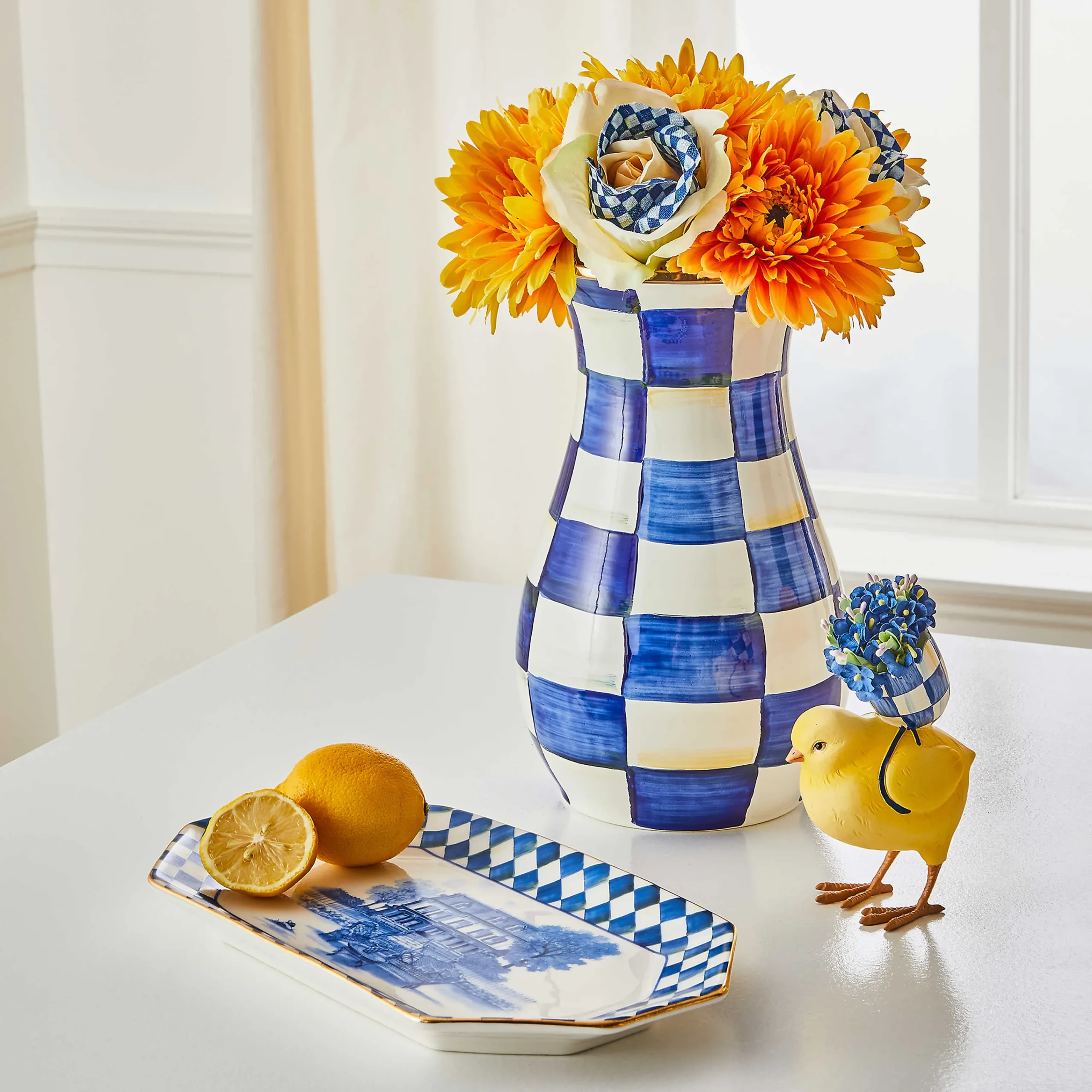 MacKenzie-Childs Royal Check Tall Vase & Bouquet Set* Greenery & Florals