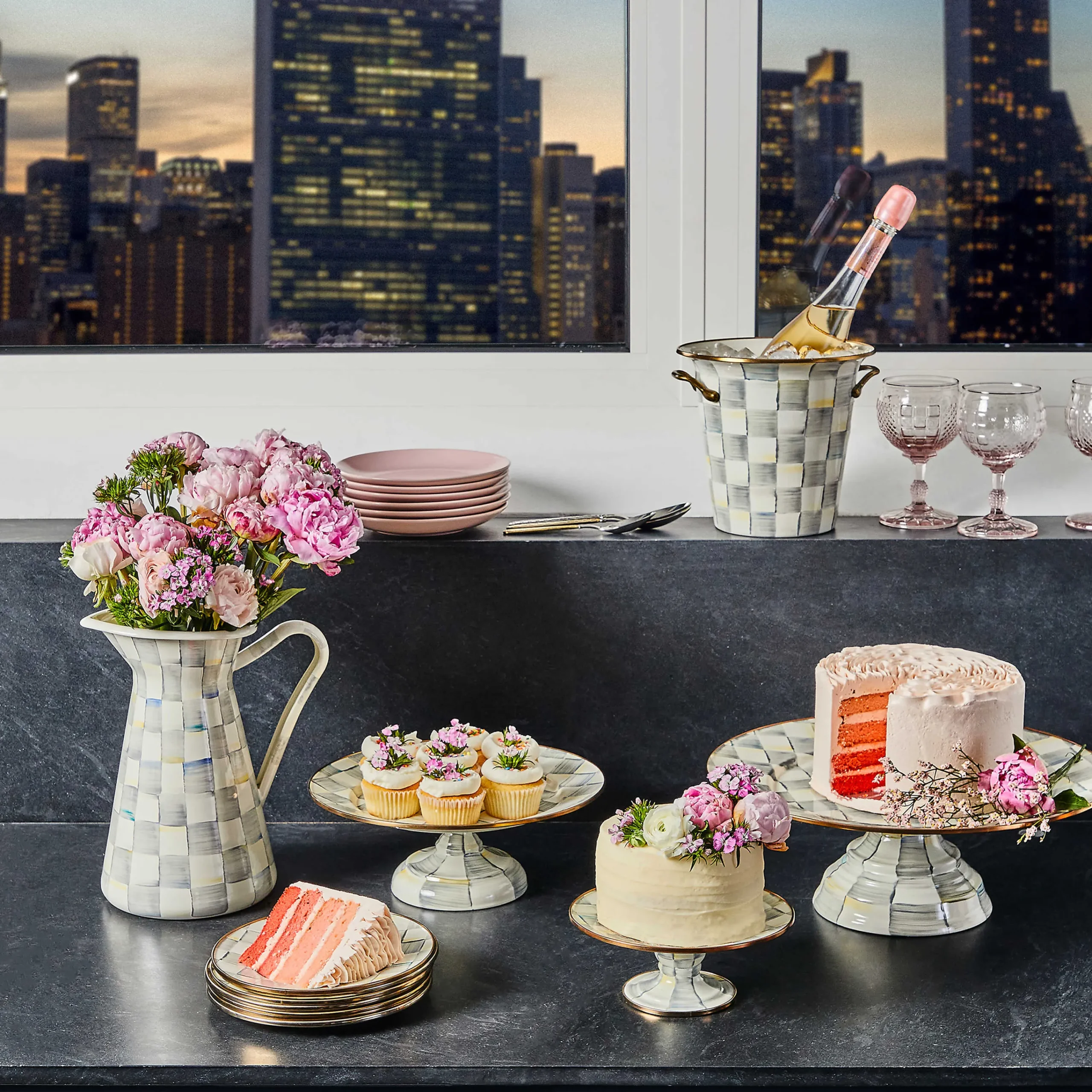 MacKenzie-Childs Sterling Check Enamel Pedestal Platter - Small* Outdoor Entertaining