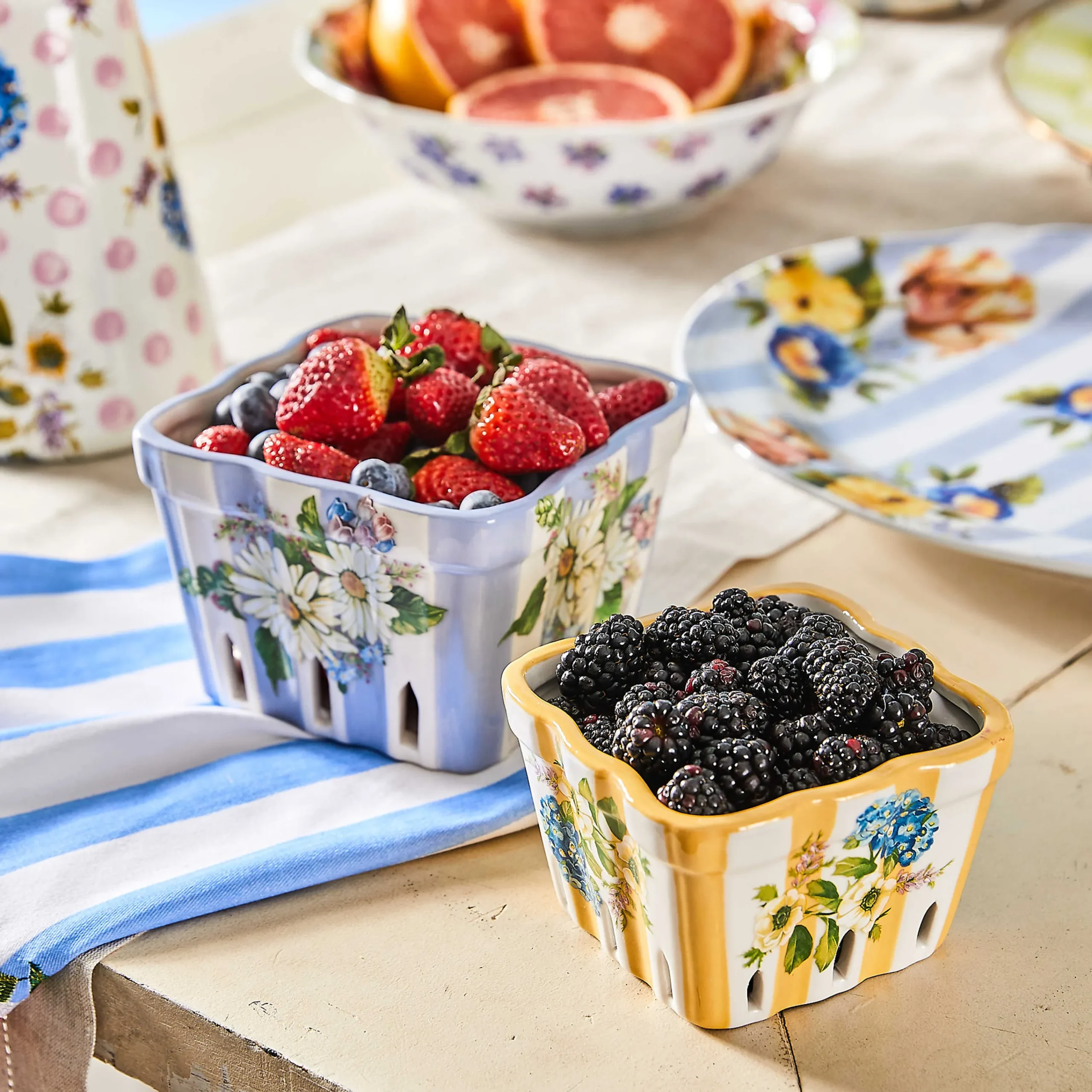 MacKenzie-Childs Wildflowers Large Berry Basket - Blue* Kitchen Utensils & Tools